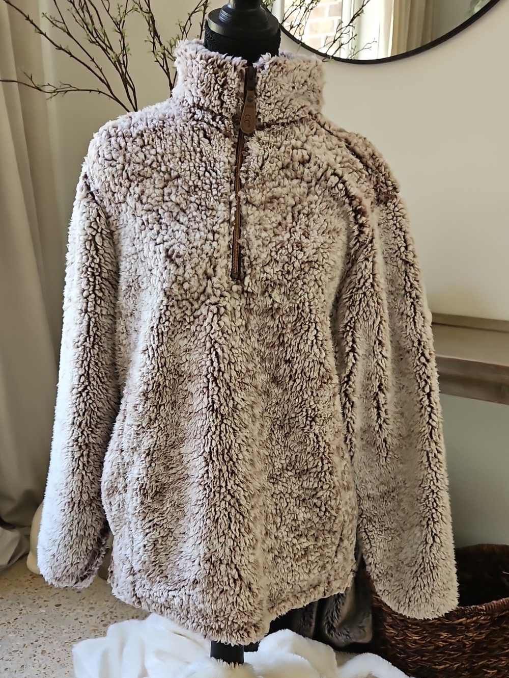 C.C Girlie Girl Women's Plush Sherpa Half-Zip Jacket in Taupe. Size S
